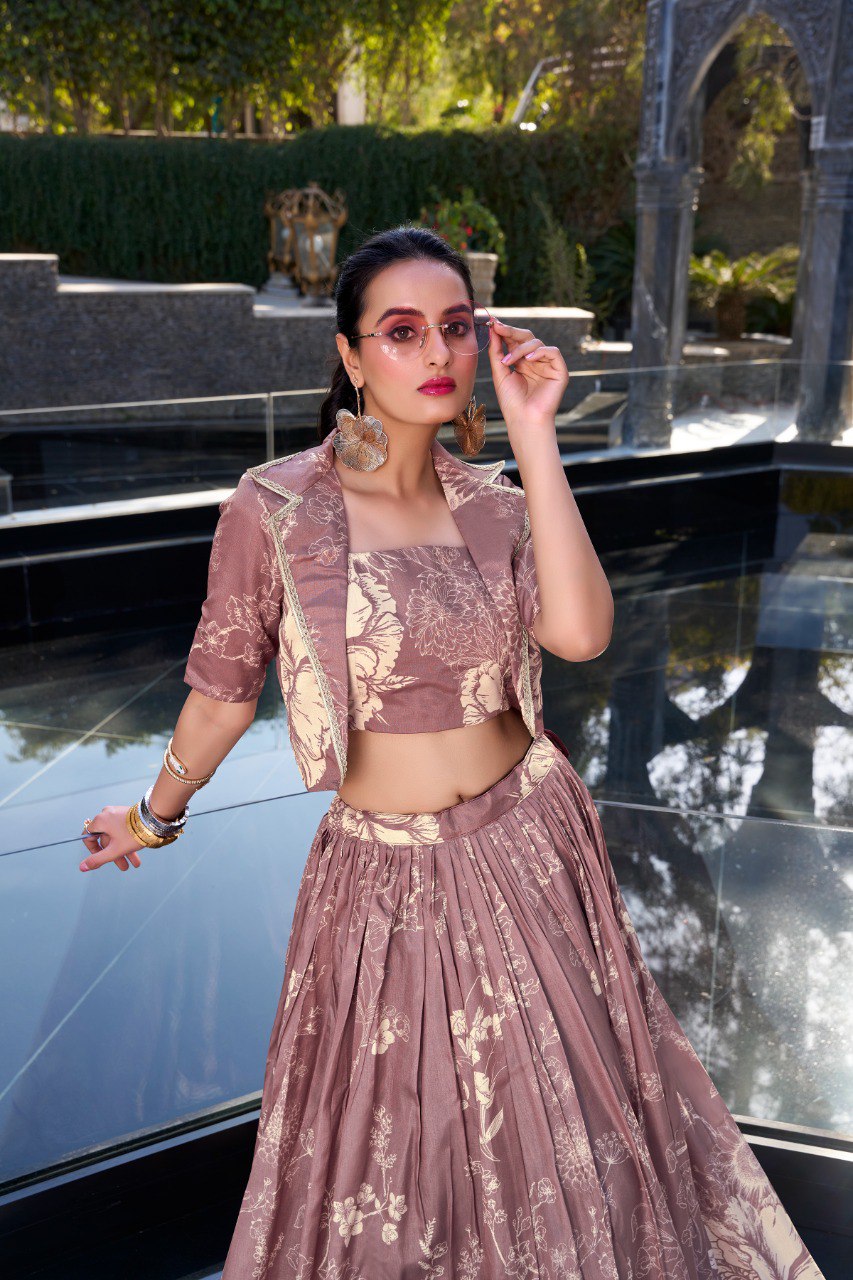 Elegant Tussar Silk Floral Printed Pink Lehenga Set with Blouse and Koti