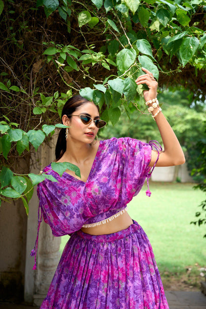 Elegant Floral Print Chiffon Purple Lehenga Set for Women