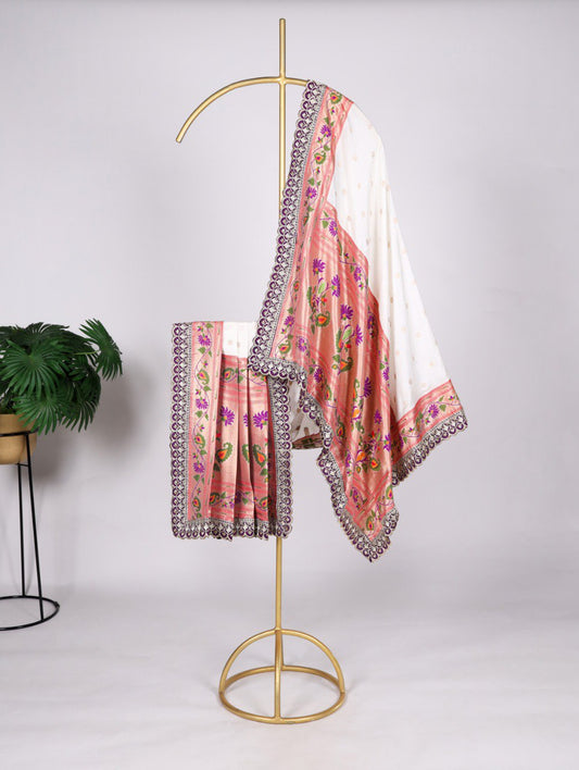 Premium Jacquard Silk Zari Weaving White Dupatta with Embroidery Lace Border