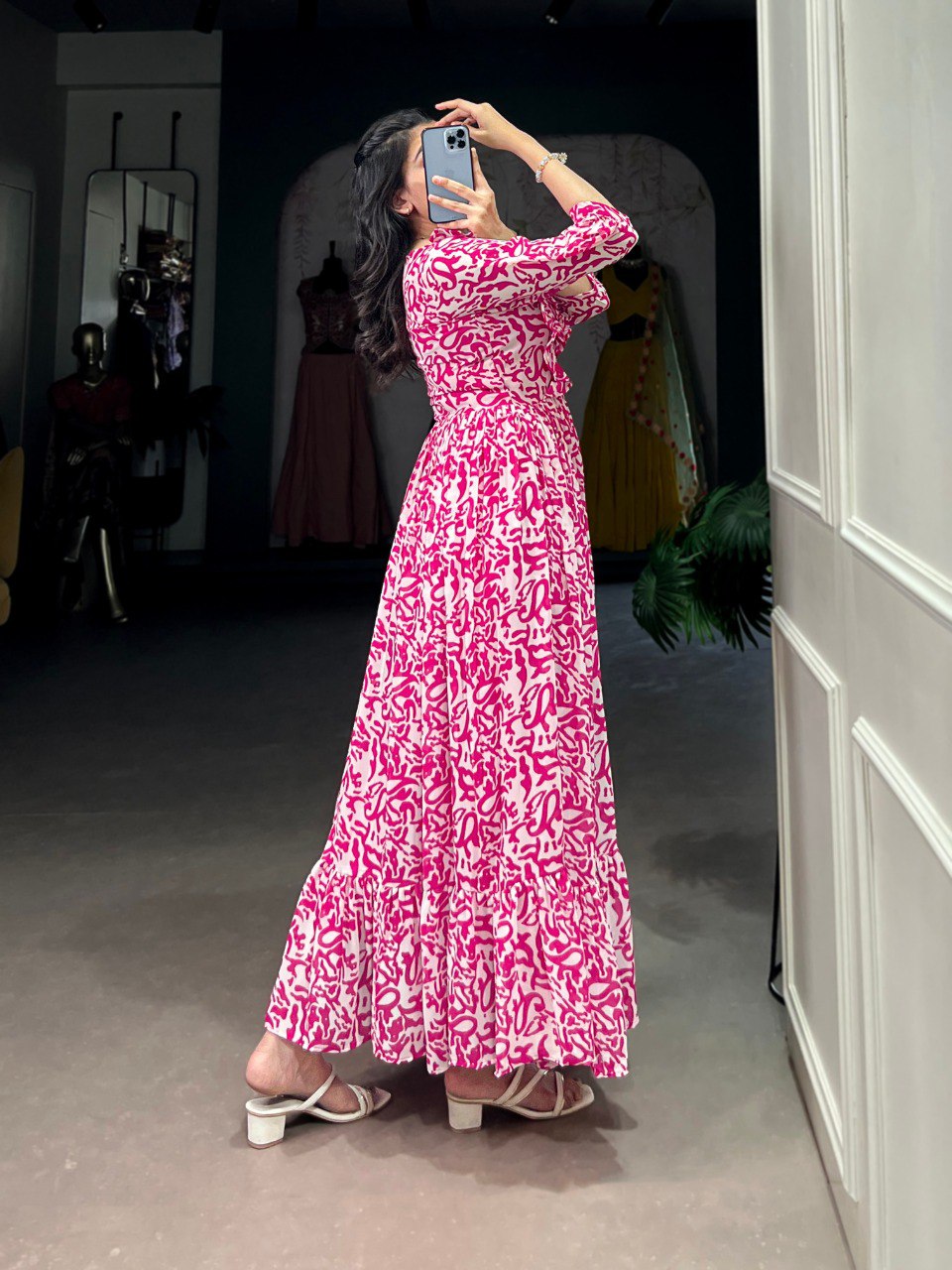 Elegant Georgette Printed Pink Frock with Full Flair and Lining