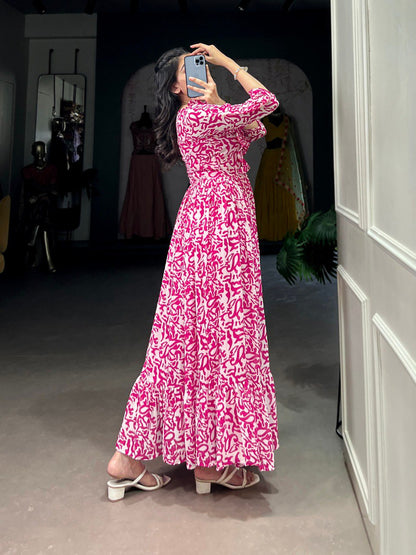 Elegant Georgette Printed Pink Frock with Full Flair and Lining