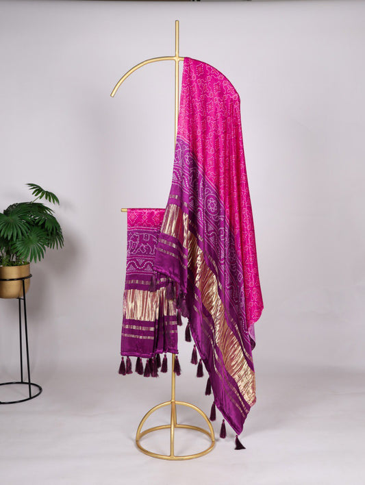 Pure Gaji Silk Digital Print Pink Dupatta with Tassels