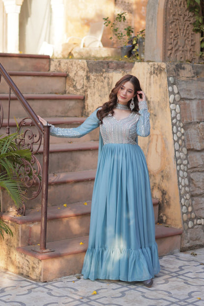 Star Georgette Embroidered Beads Sequins Work Blue Gown with Dupatta Set