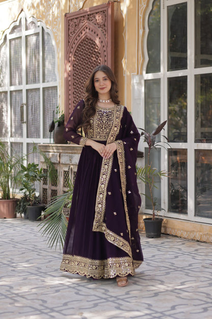 Premium Faux Blooming Purple Gown Set with Zari Sequins Embroidery and Dupatta