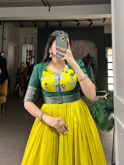 Elegant Dola Silk Kalamkari Print Yellow Gown with Zari Weaving Koti | Ethnic Wear for Women
