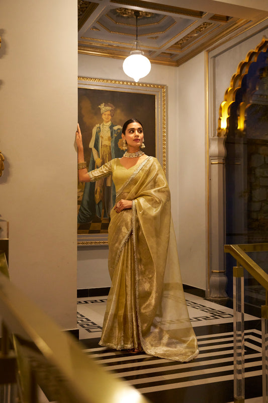 Tissue Shimmer Gold Saree with Zari Weaving and Sequins Lace Border