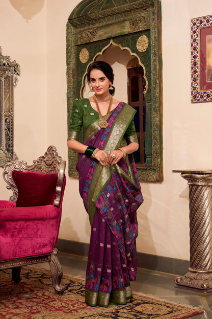 Kalamkari Print Poly Cotton Wine Saree with Zari Weaving Work Border and Blouse