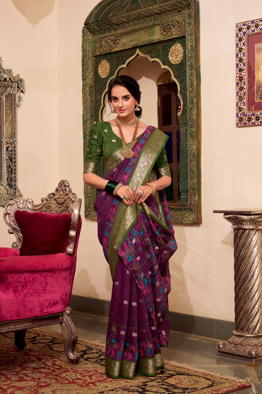 Kalamkari Print Poly Cotton Wine Saree with Zari Weaving Work Border and Blouse