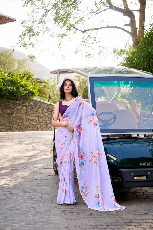 Weightless Marbal Floral Printed Lavender Saree with Pearl Lace Border