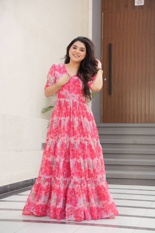 Printed Faux Georgette Pink Gown with Fancy V Neck – 12 Meter Flair Elegance