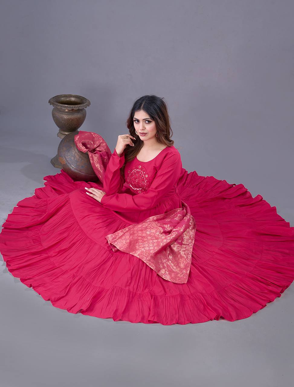 Elegant Rani Pink Roman Silk Gown Set | Festive & Wedding Wear