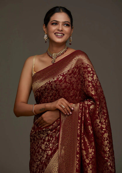 Banarasi Maroon Soft Silk Saree with Jacquard Border Blouse