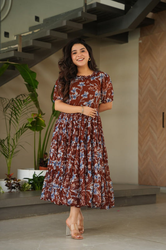 Brown Printed Faux Georgette Gown with Cotton Lining & Fancy Neck