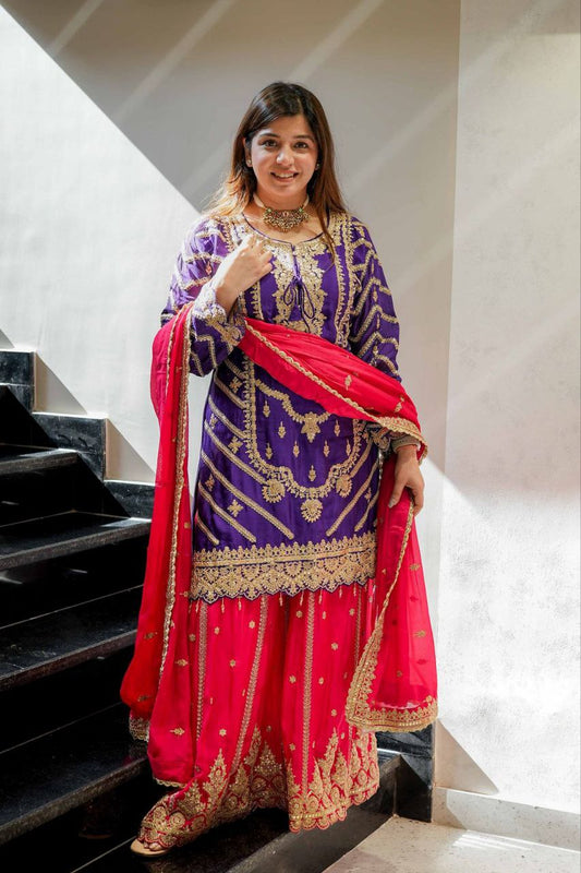 Heavy Purple Chinon Silk Sharara Suit with Embroidery and Printed Dupatta