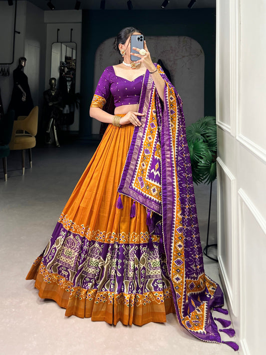 Patola Printed Mustard Yellow Tussar Silk Lehenga Set with Gotta Patti Dupatta