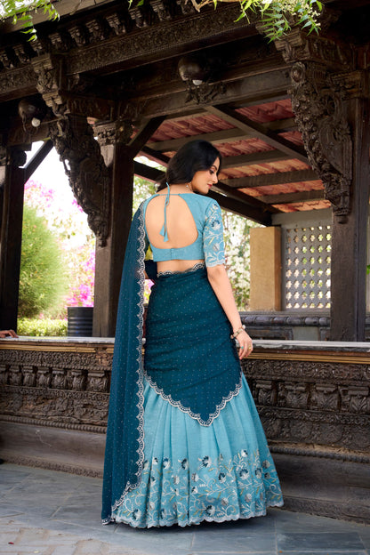 Silver Glosy Embroidered Sky Blue Lehenga Set with Hotfix Rangoli Silk Dupatta