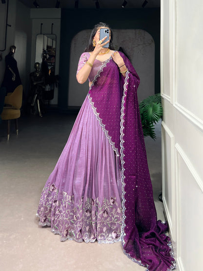 Silver Glosy Embroidered Lavender Lehenga Set with Hotfix Rangoli Silk Dupatta