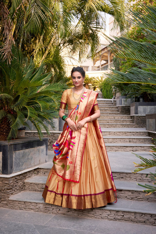 Chikoo Jacquard Silk Paithani Lehenga Set with Zari Weaving and Tassel Dupatta