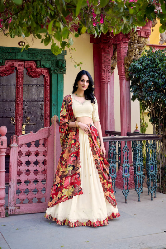 Off White Vichitra Silk Lehenga Set with Kalamkari Print Border & Tussar Silk Dupatta