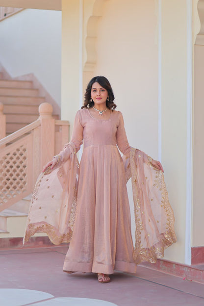 Peach Fendy Chiffon 12-Kali Anarkali Gown with Embroidered Cut-Work Dupatta