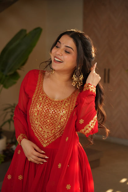 Red Fendy Chiffon 12-Kali Anarkali Gown with Embroidered Cut-Work Dupatta