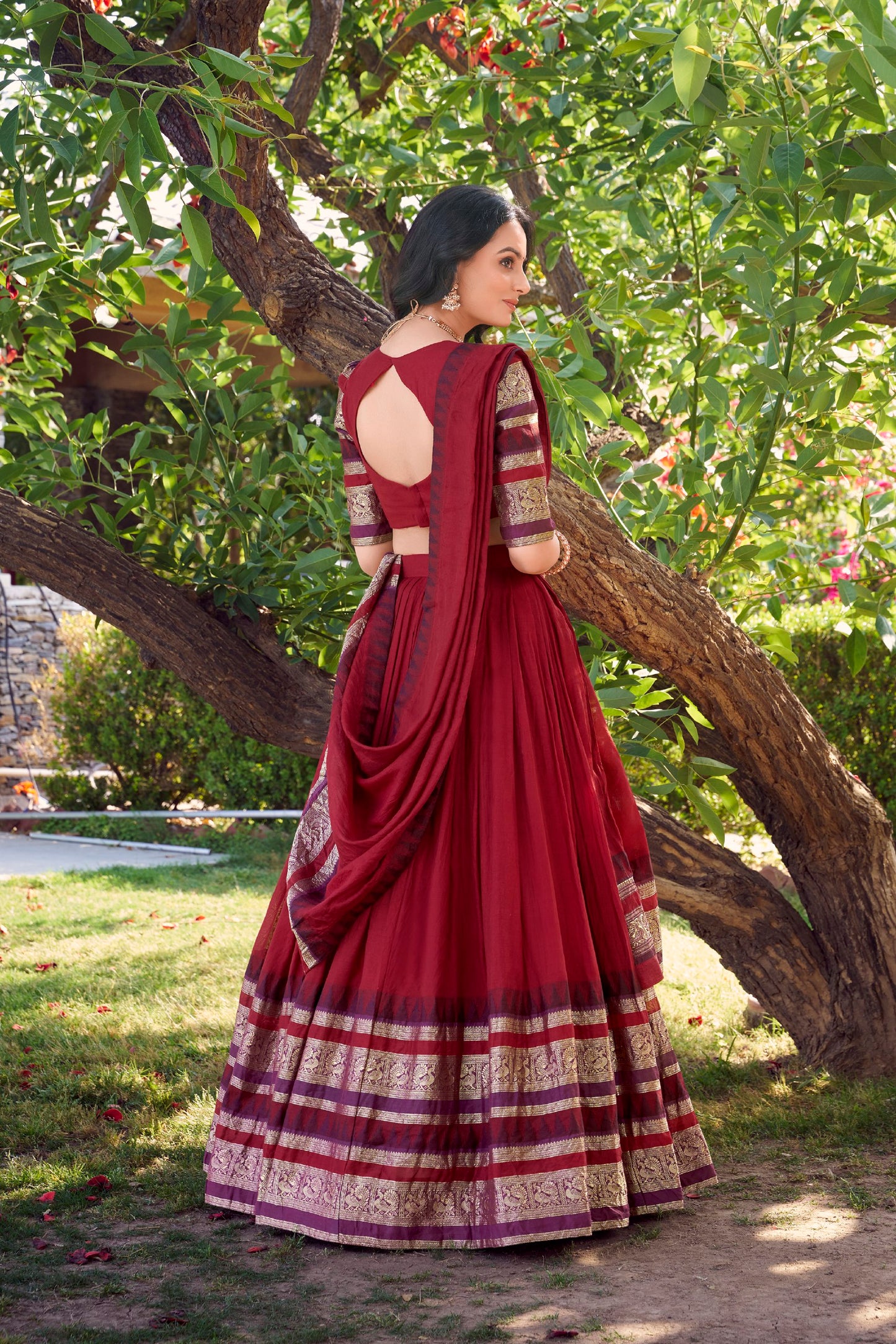 Pure Chanderi Red Lehenga with Zari Weaving Work Border & Dupatta