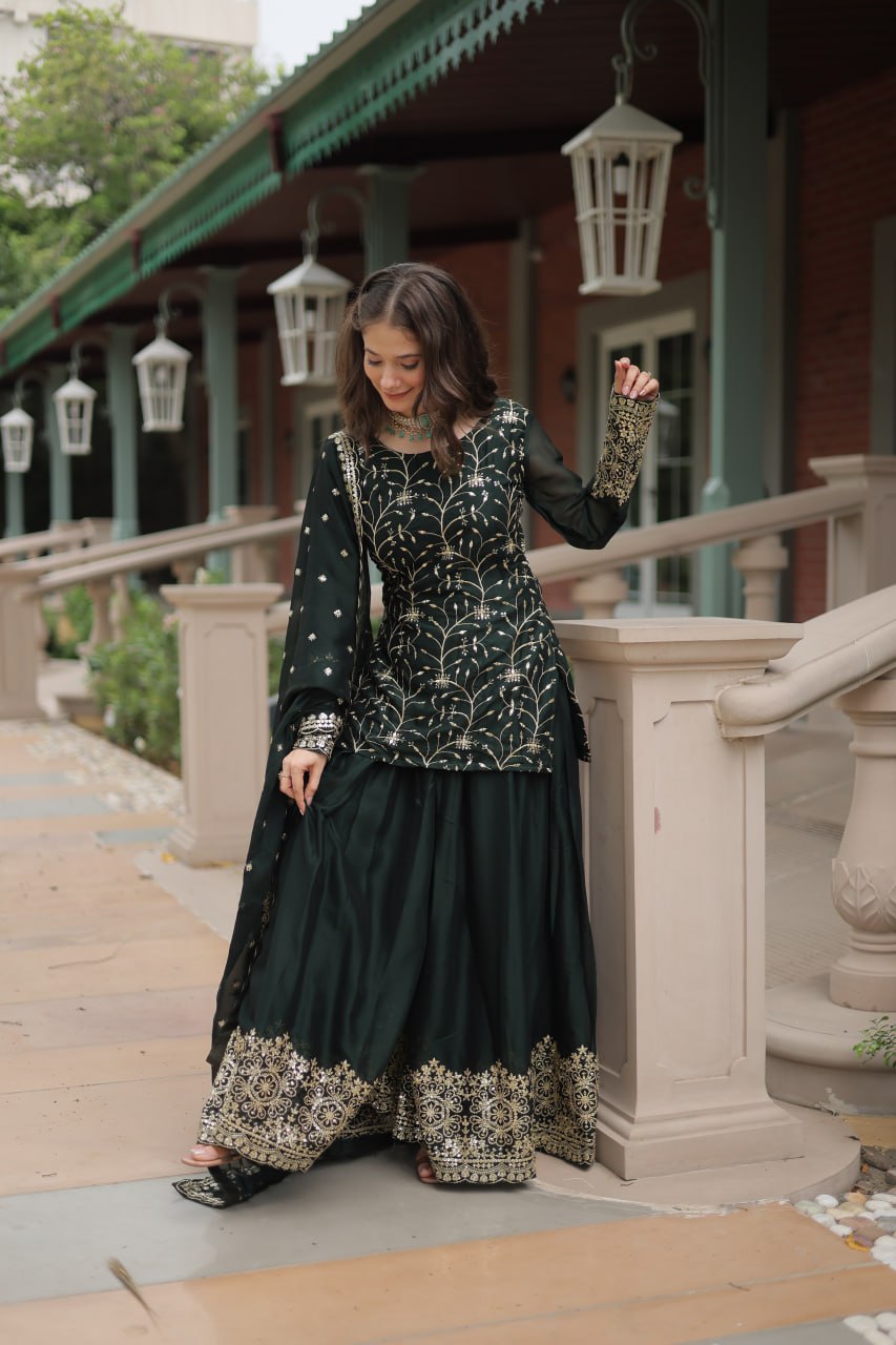 Premium Designer Readymade Green Kurti Plazoo Dupatta By Stylish Ethnic