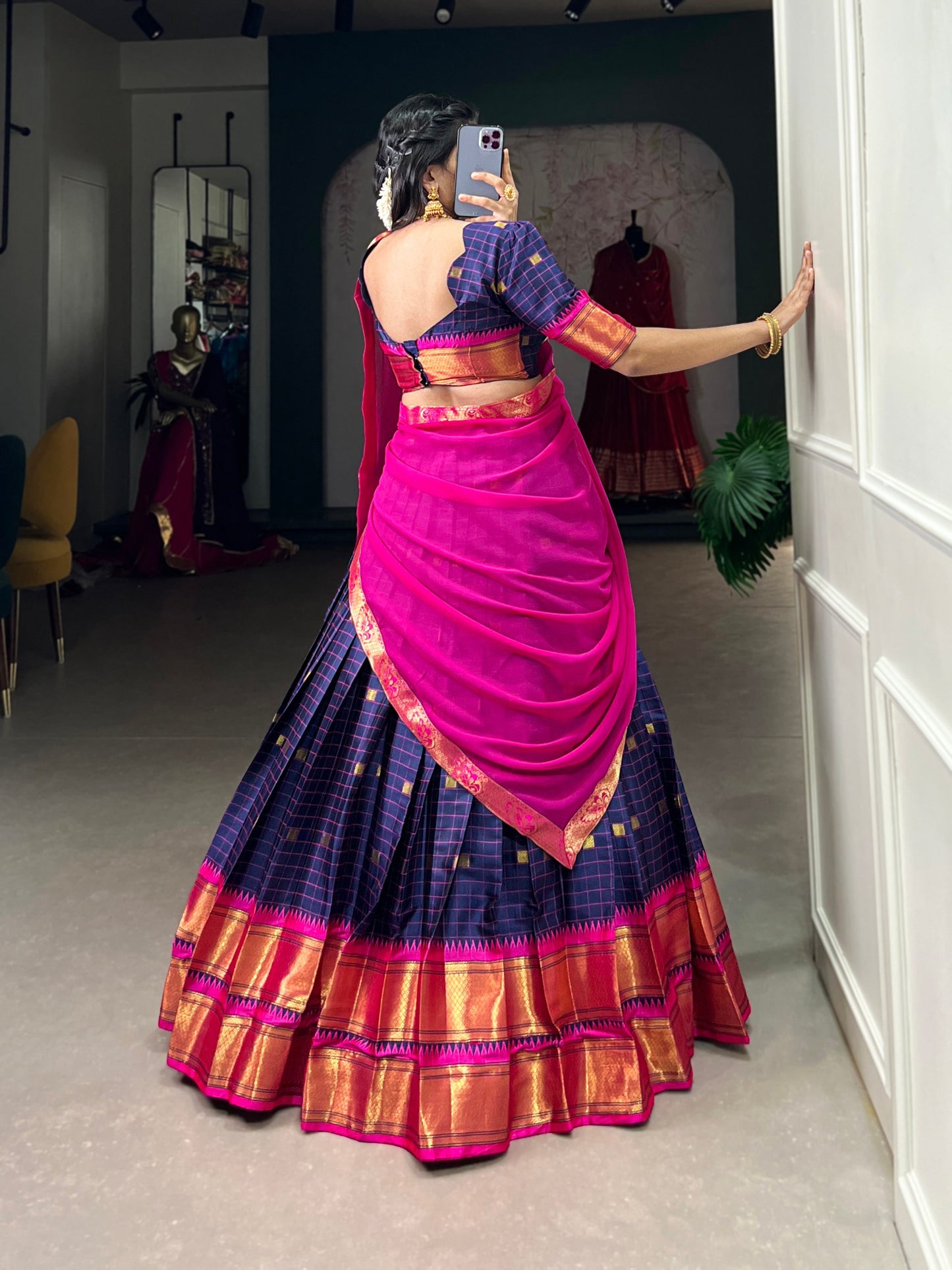 Navy Blue Exquisite Kanjivaram Silk Lehenga Choli with Zari Weaving