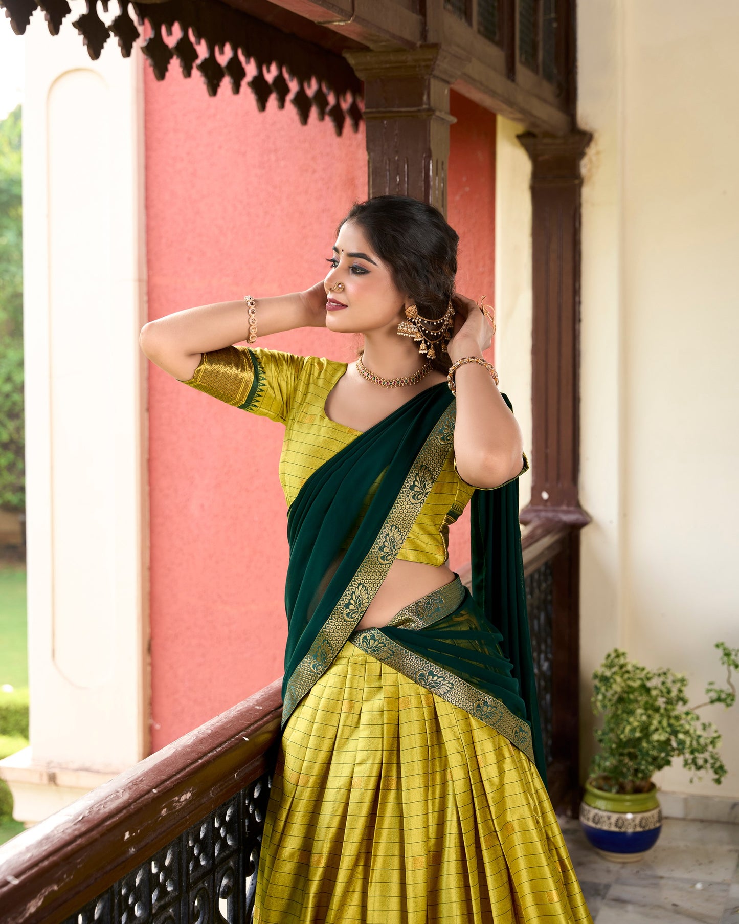 Parrot Colour Pattu Lehenga Choli  For Pongal