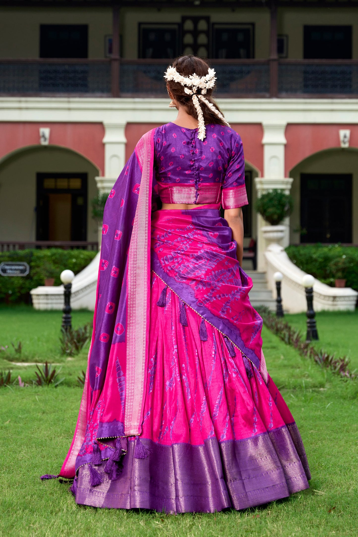 Rani Pink Color Dola Silk Shibori Print Zari Weaving Lehenga Choli