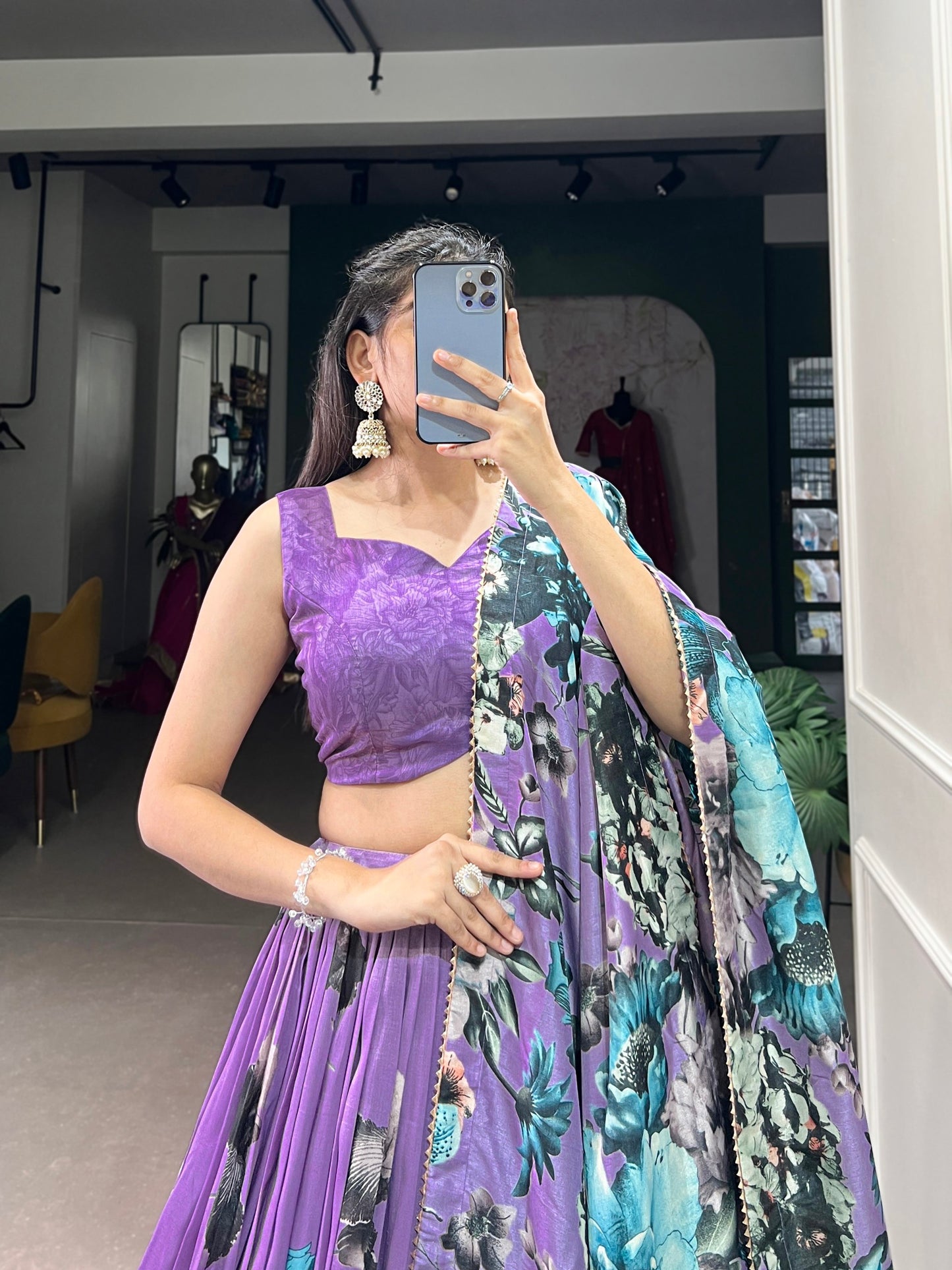 Lavender Tussar Silk Floral Lehenga choli