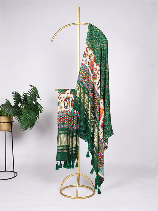 Green Pure Gaji Silk patola Print Dupatta with Tassels