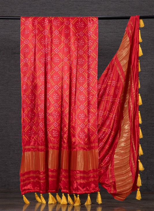 Pure Gaji Silk Bandhni Printed Red Colour Dupatta with Tassels