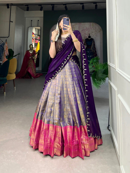 Kanjivaram Silk Blue Lehenga Choli With Flowing Dupatta