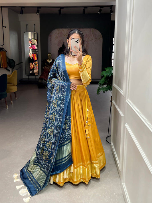 Yellow Color Gaji Silk Yeing With Lagdi Patta Lehenga Choli