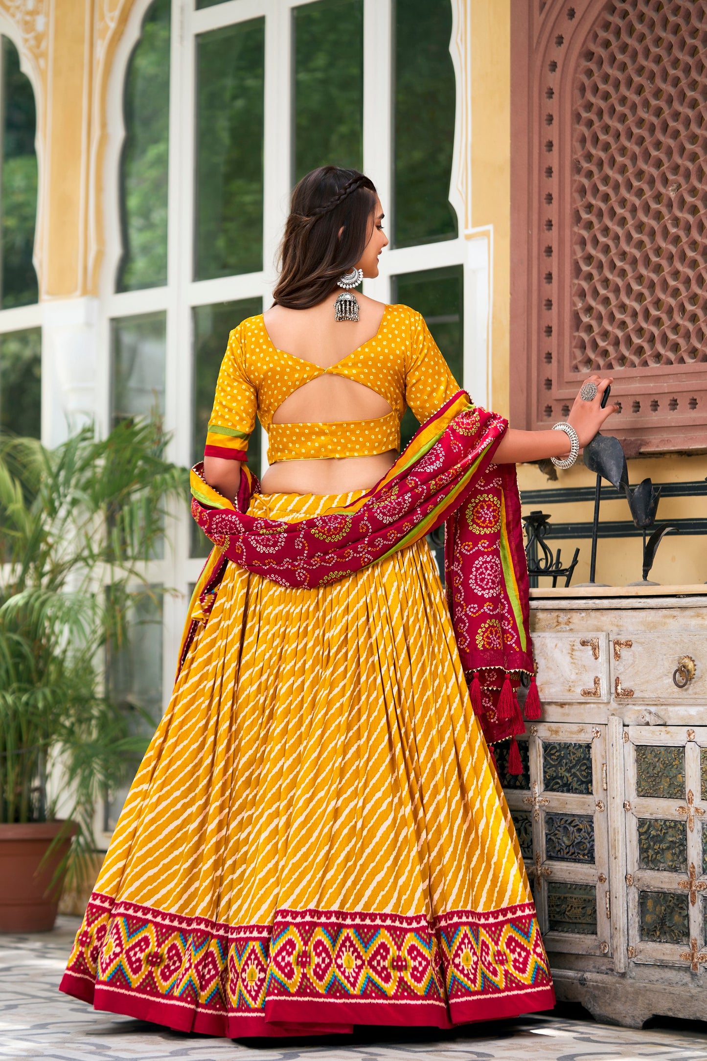 Yellow Tussar Silk Lehenga Choli with Leheriya Print, Patola Border & Bandhani Dupatta