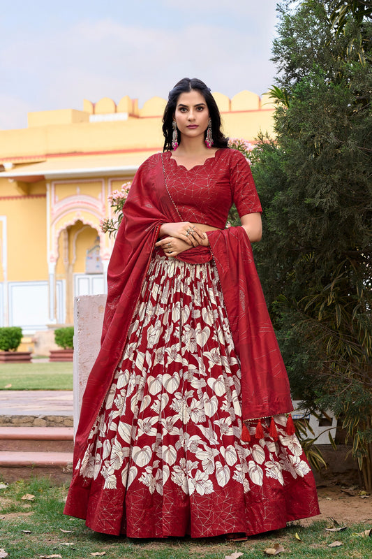 Red Floral Foil Print Tussar Silk Lehenga Choli Set