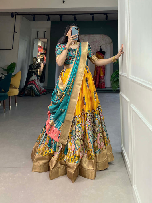 Amazing Yellow Kalamkari Printed Dola Silk Festival Wear Lehenga Choli