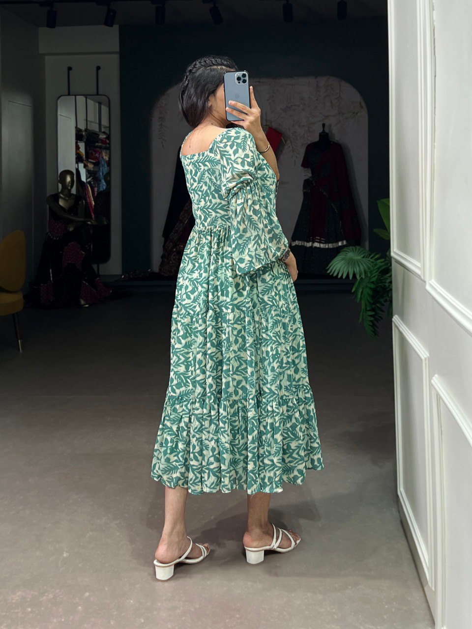 Leaf Print Tiered Boho Green Midi Dress with Bell Sleeves