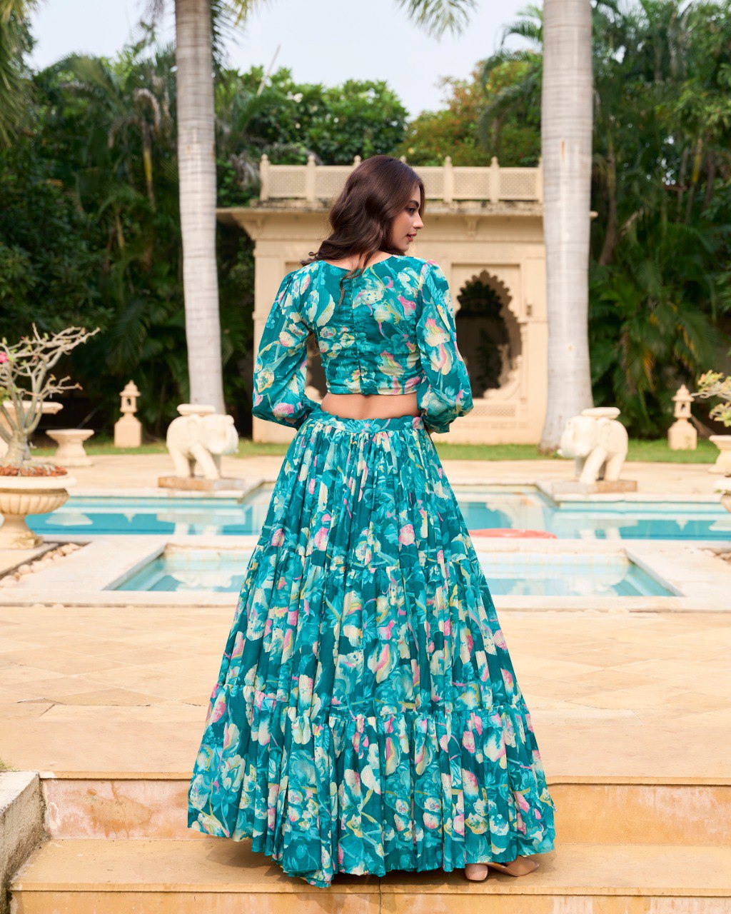 Teal Blue Faux Georgette Floral Printed Readymade Lehenga With Fancy Blouse