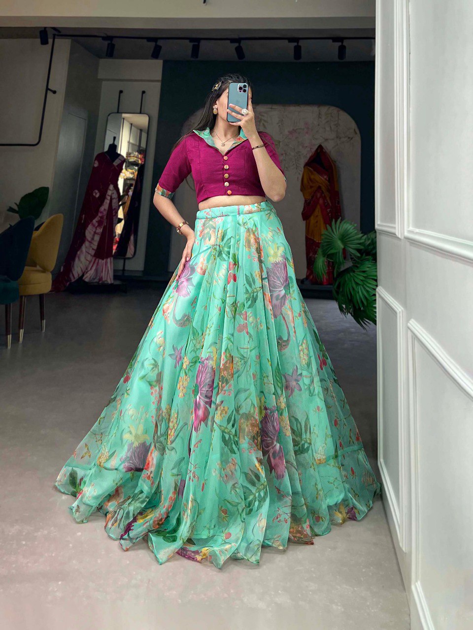 Party Wear Designer Sky Blue Organza Floral Print Lehenga And Blouse