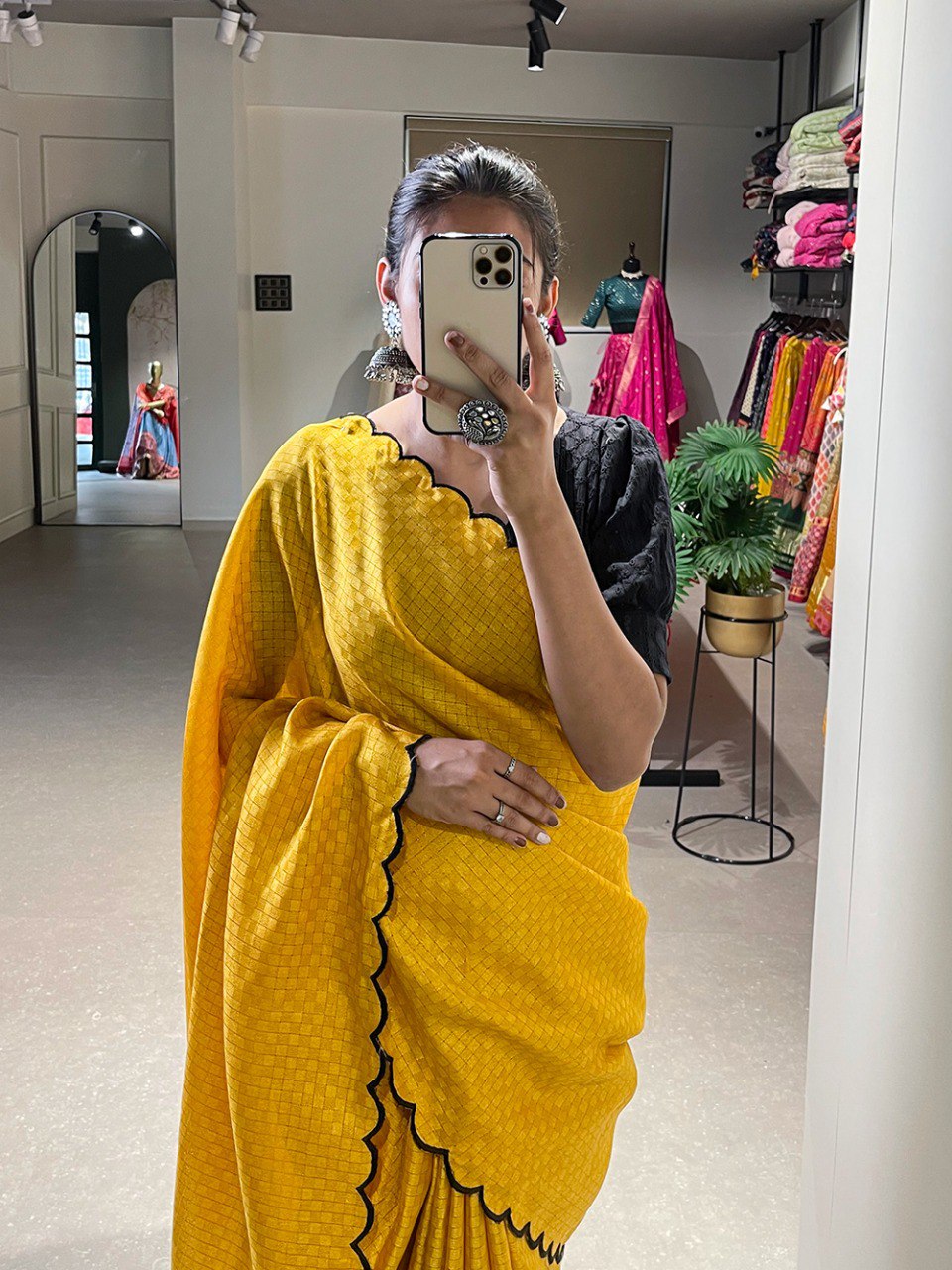 Wonderful Yellow Arca Work Gadhawal Chex Event Wear Saree With Blouse