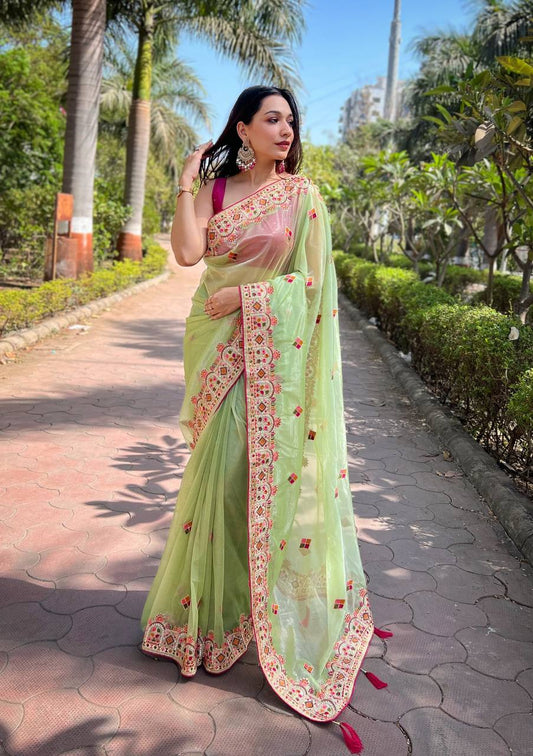 Green Twill Net Designer Embroidery Work With Embellished Diamond Work Saree