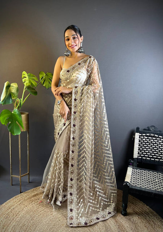 Cream Net Embellished Saree With Unstitched Blouse