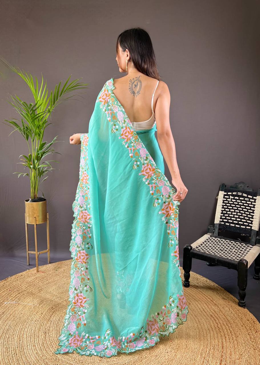 Designer Cross Stitch Floral Embroidery Cut Work Border Sky Blue Glossy Silk Saree With Blouse