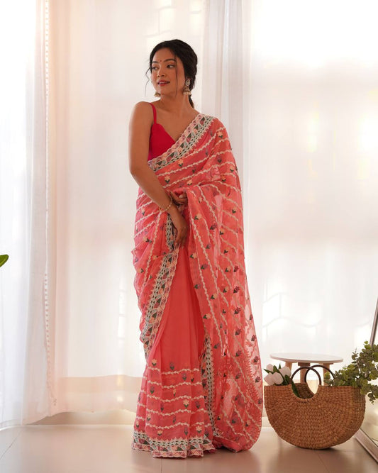 Pink Emroidery Worked Organza Silk Saree