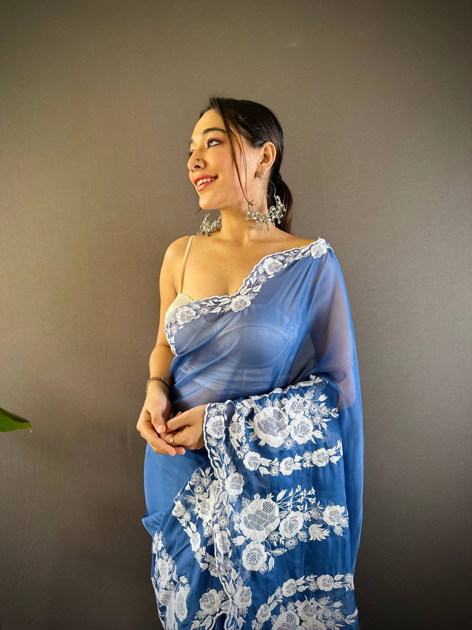 Blue Organza Embroidered Light Weight Saree