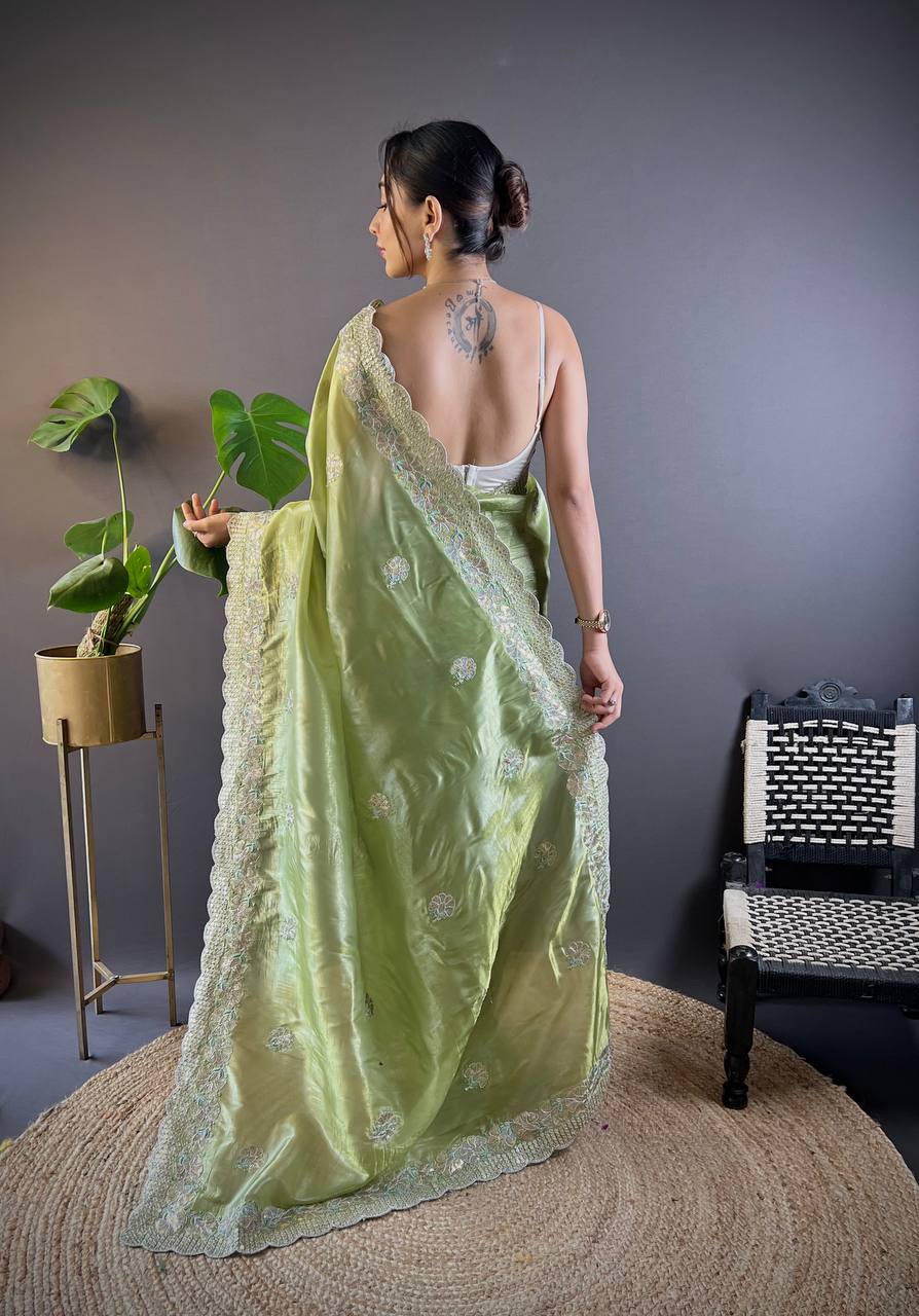 Iguana Green Embroidered Work Soft Silk Saree