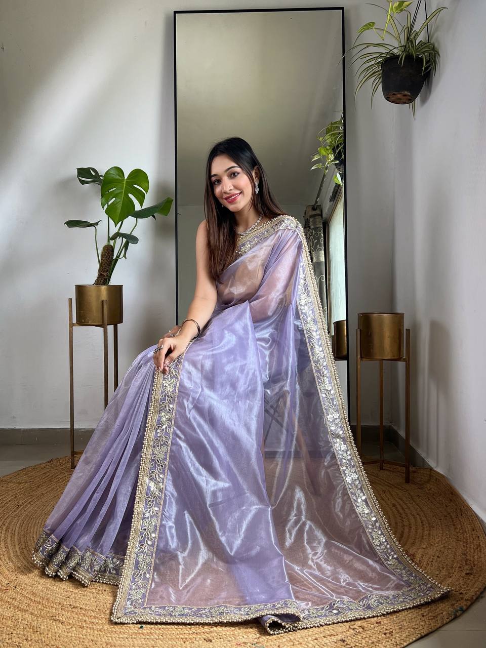 Women's Silver Tissue Silk Solid Purple Saree & Un Stich Blouse