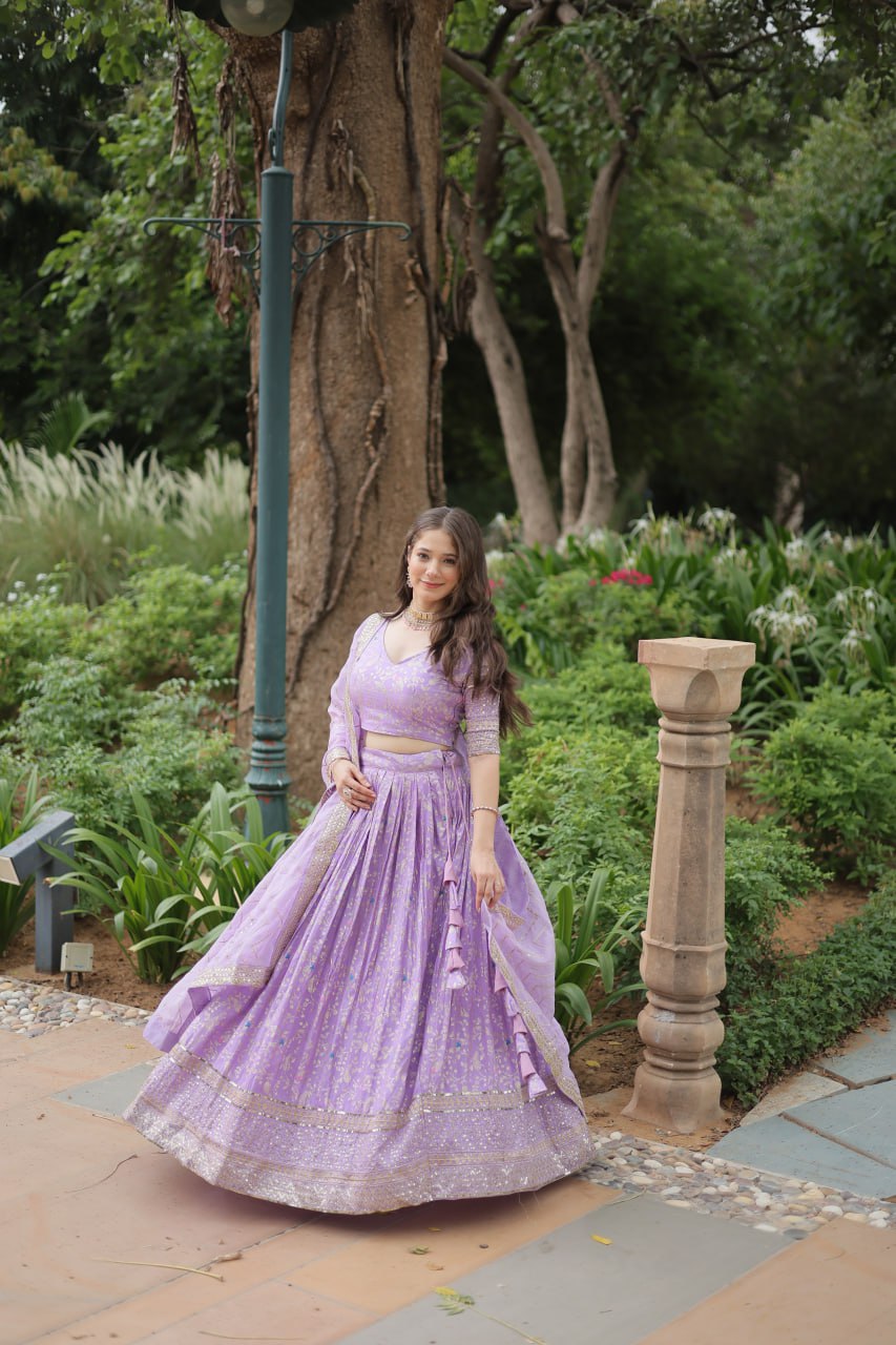 Beautiful Lavender Sequins Jacquard Wedding Wear Lehenga Choli